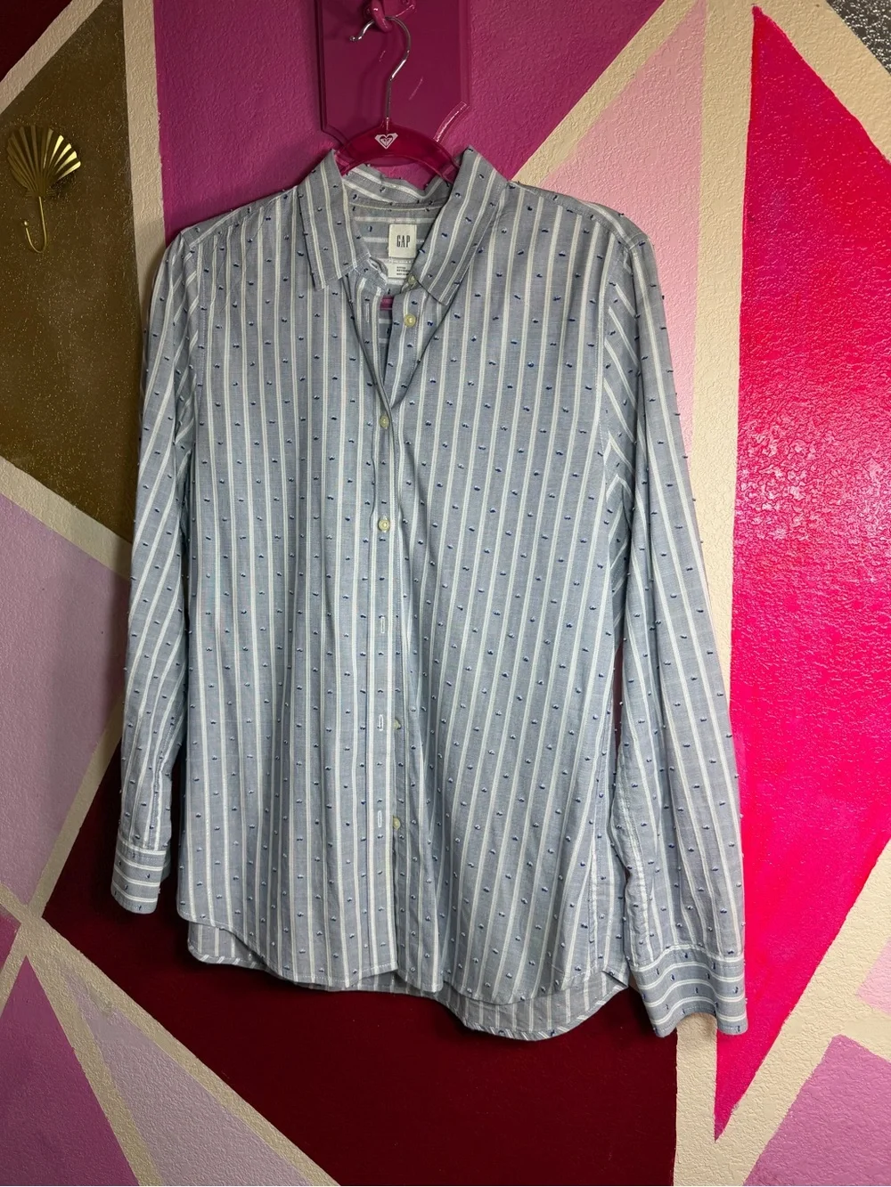 Gap Fitted Boyfriend Shirt Sz M Blue Striped Dobby Dot Button Up
